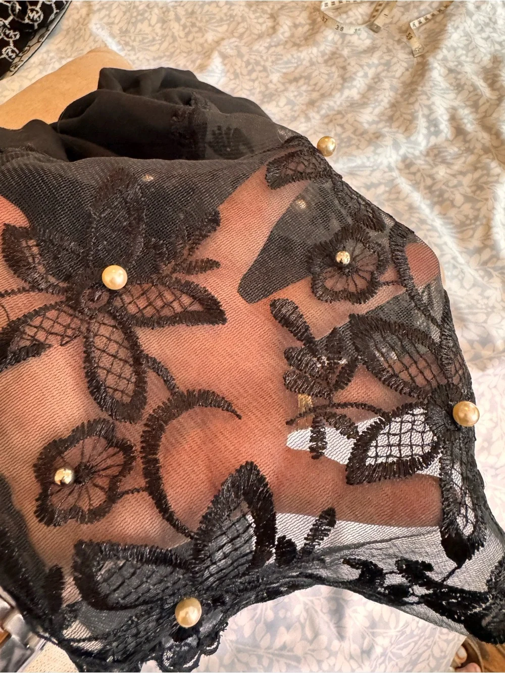 Black Lace Pearl Accent Scarf - Women Accessories